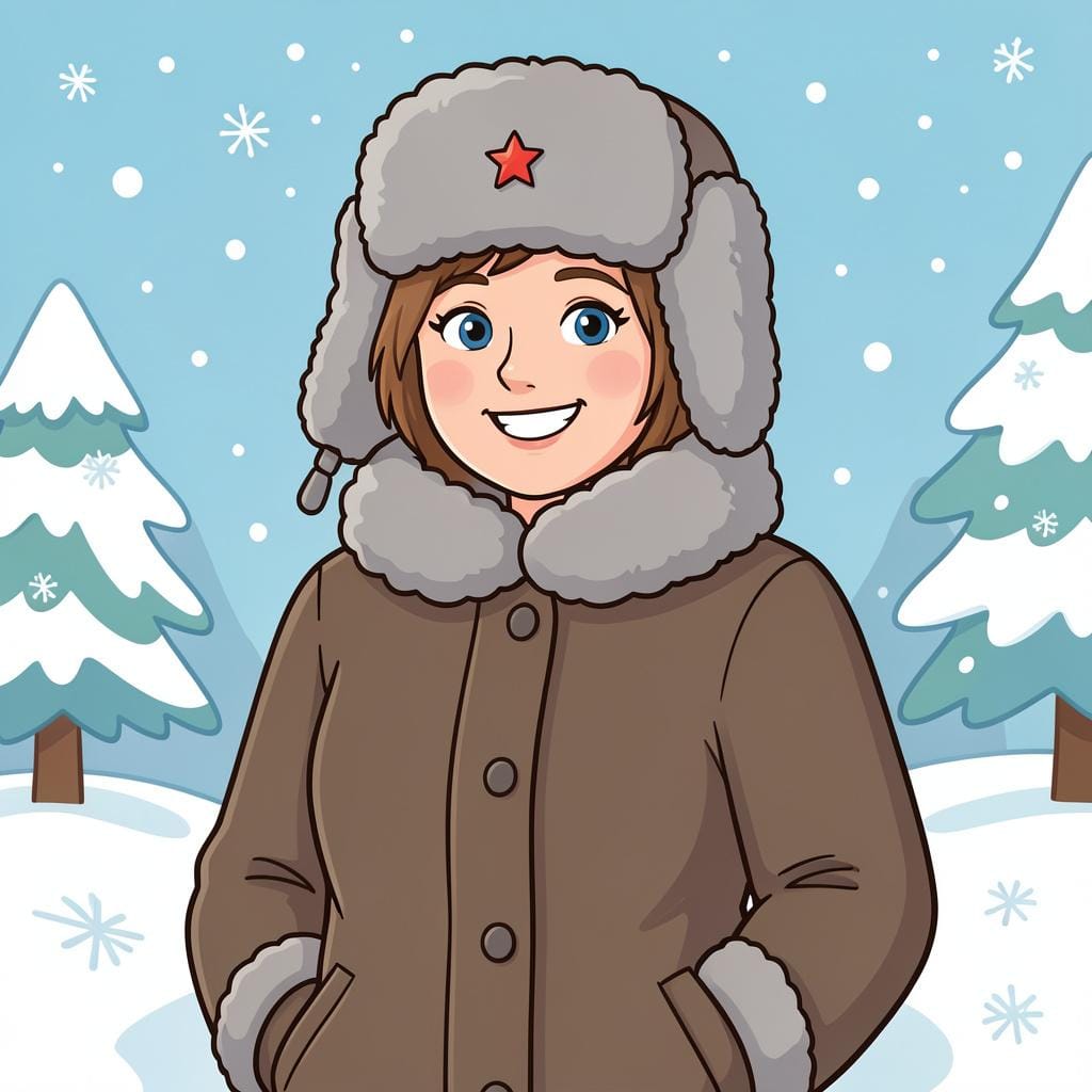 A woman wearing a traditional winter coat and a warm ushanka hat with a small red star emblem.
