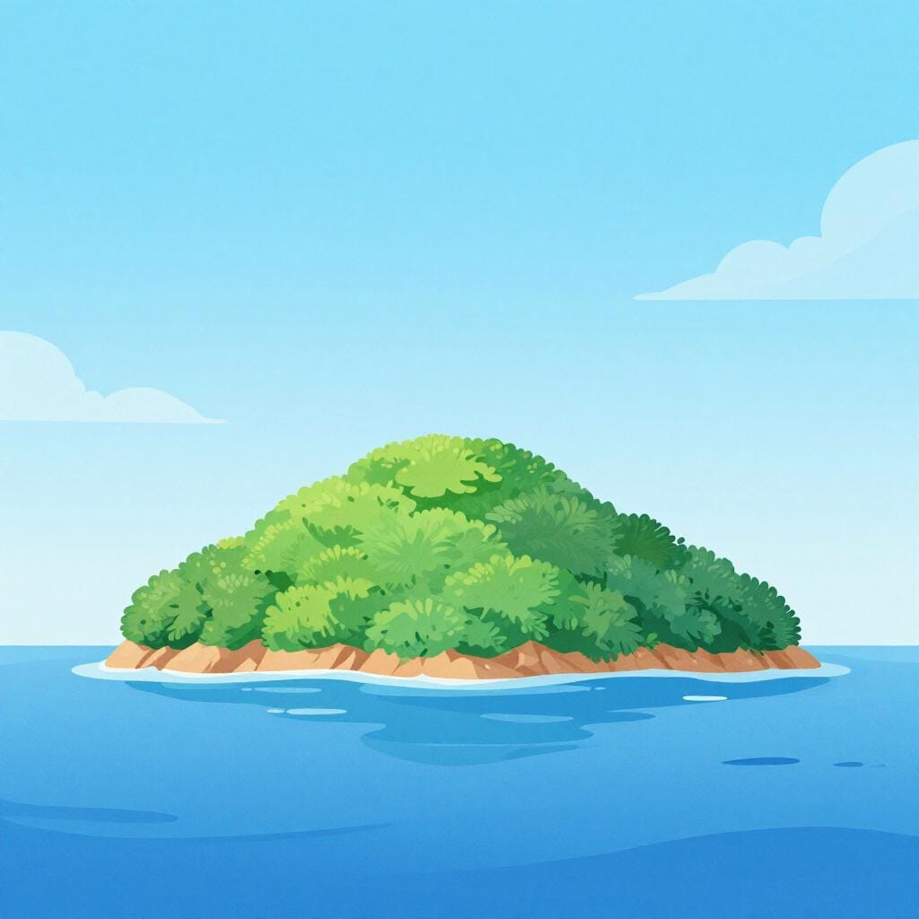 Eine einzelne, leuchtend grüne Insel in einem ruhigen blauen Ozean, die allein und frei steht.
