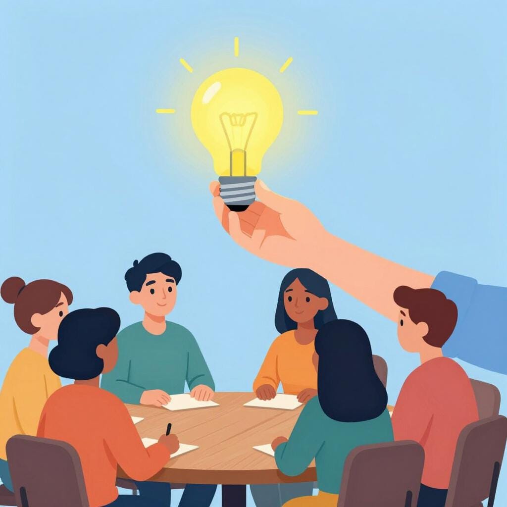 Een persoon die een gloeiende gloeilamp vasthoudt en deze aanbiedt aan een groep vrienden die rond een tafel zitten.