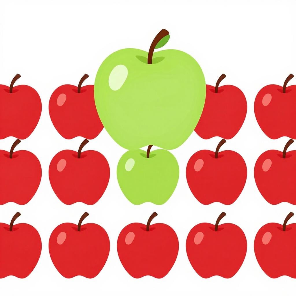 A row of several red apples with one bright green apple in the middle.