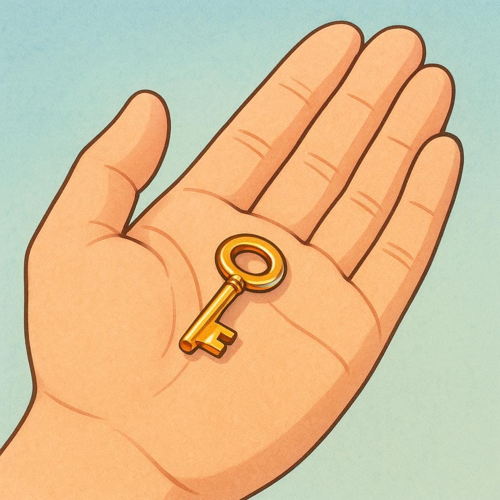 A large, gentle hand carefully holding a small, shiny golden key, emphasizing the key's importance or value.