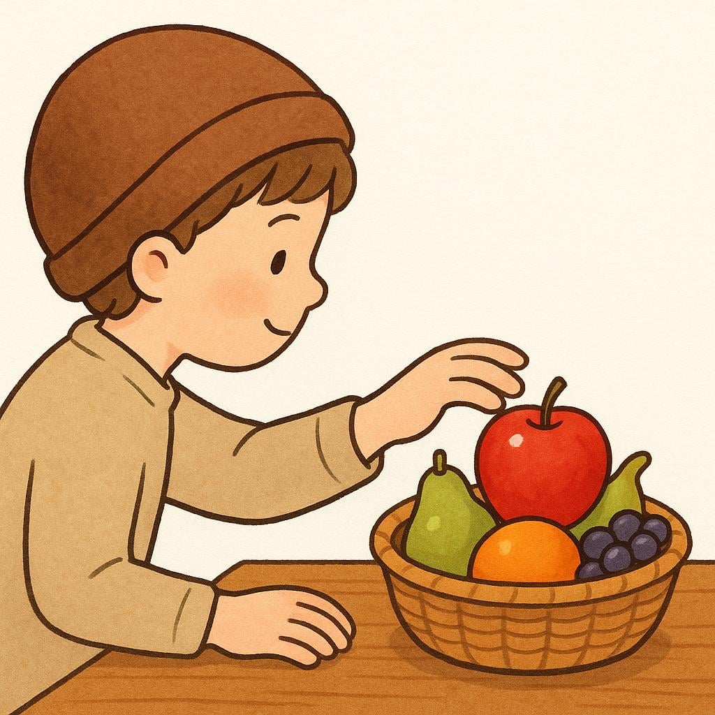 A cartoon character reaching out with one hand towards a single red apple in a basket, suggesting a choice or hypothetical action.