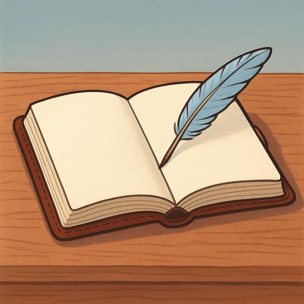 An open, thick, leather-bound diary resting on a wooden desk, with a simple feather quill pen lying across the blank page.
