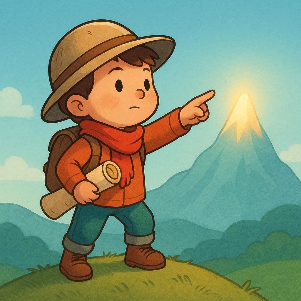 A determined small explorer holding a map and pointing towards a high, distant mountain peak, symbolizing a mission or objective.