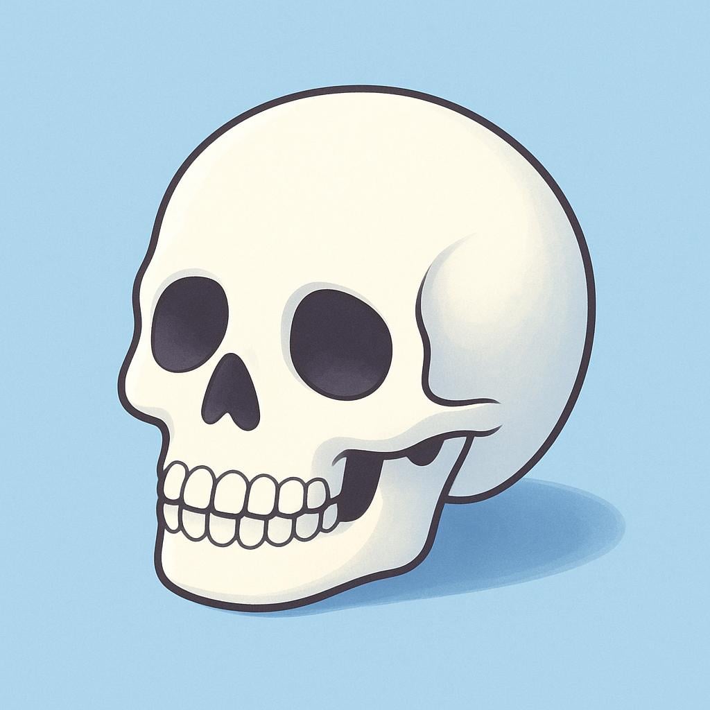 A simple, front-facing illustration of a human skull, typically white or bone-colored.