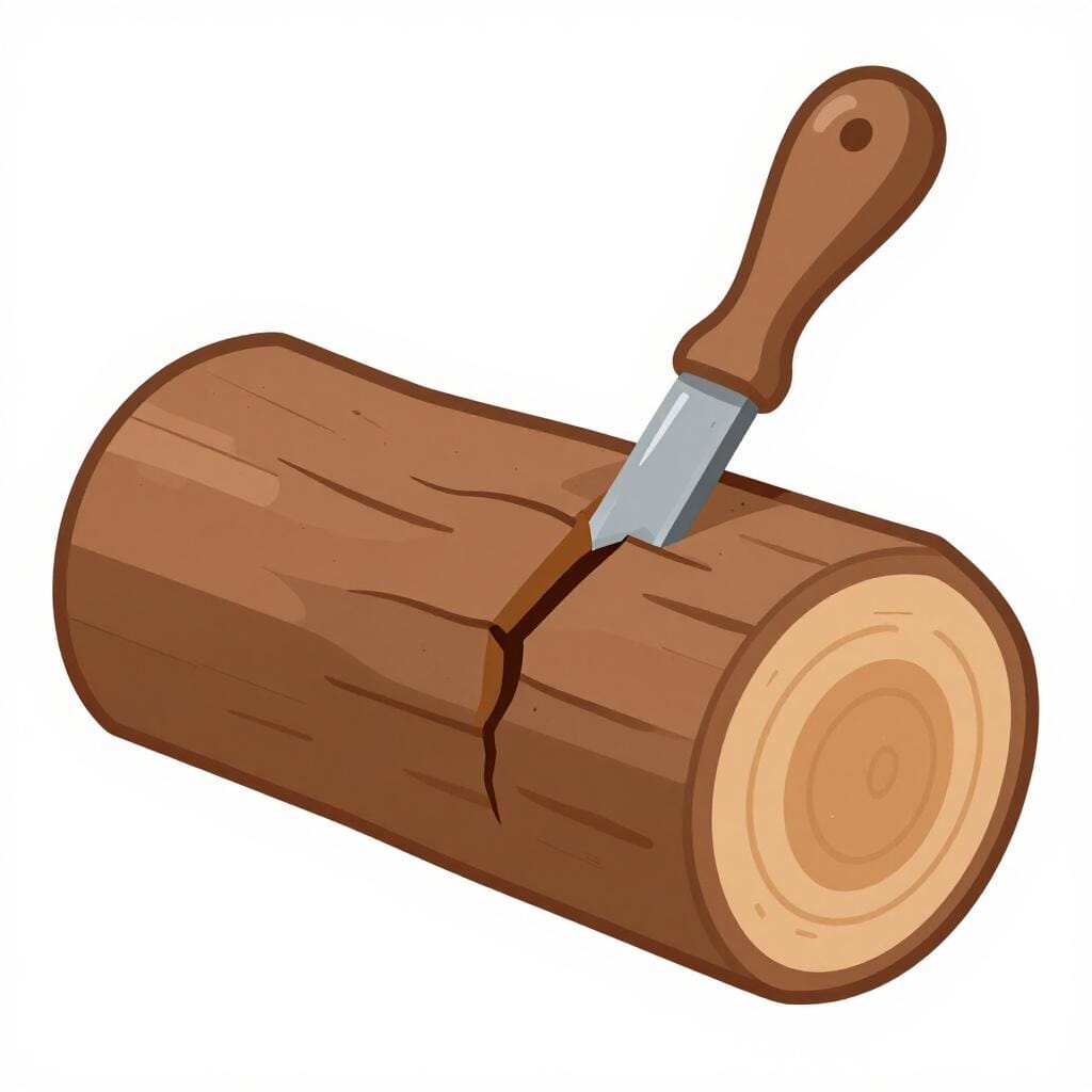 Une grosse bûche de bois fendue en deux par une grosse cale métallique.