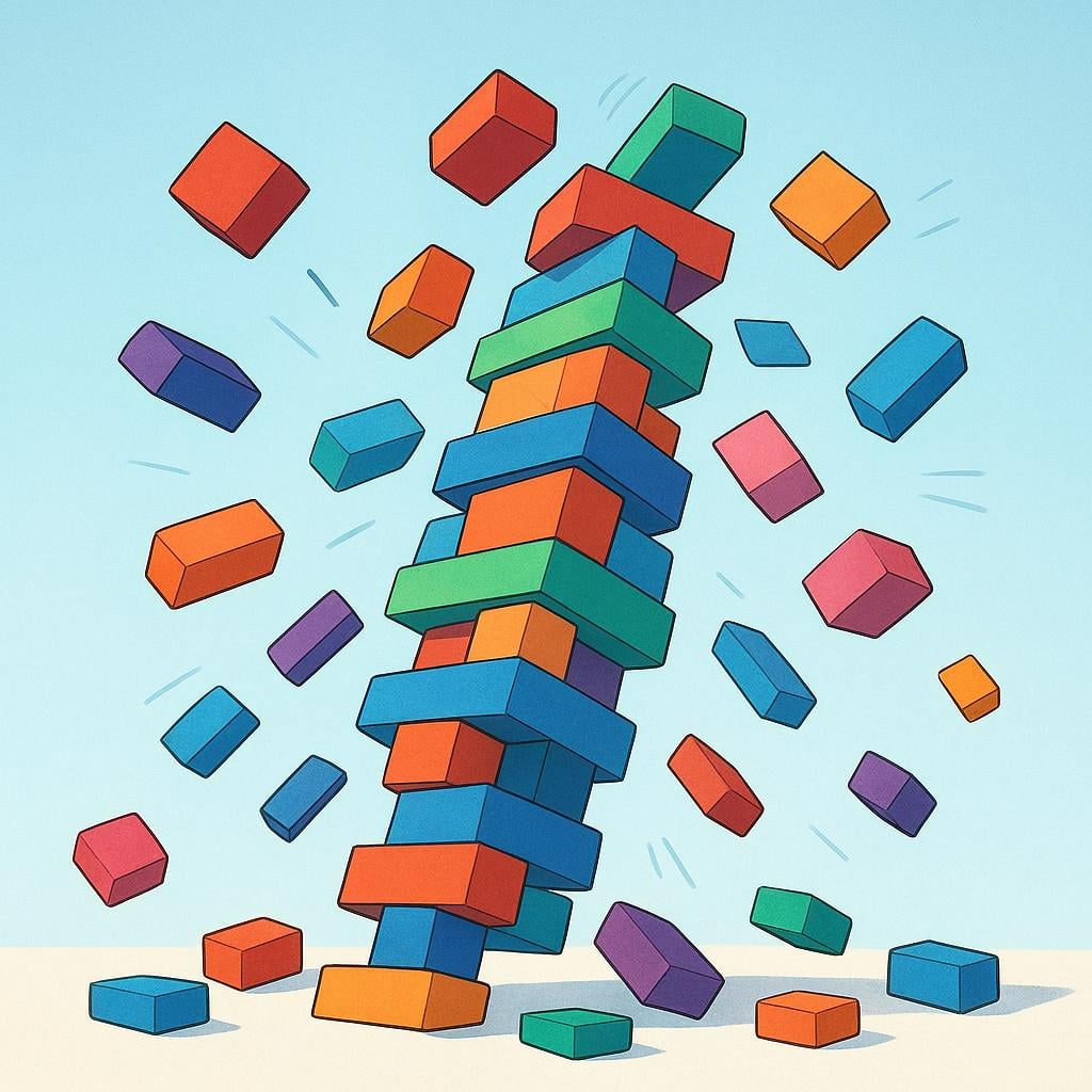 An illustration of a meticulously stacked tower of colorful building blocks collapsing and scattering violently, symbolizing an upheaval or major crisis.