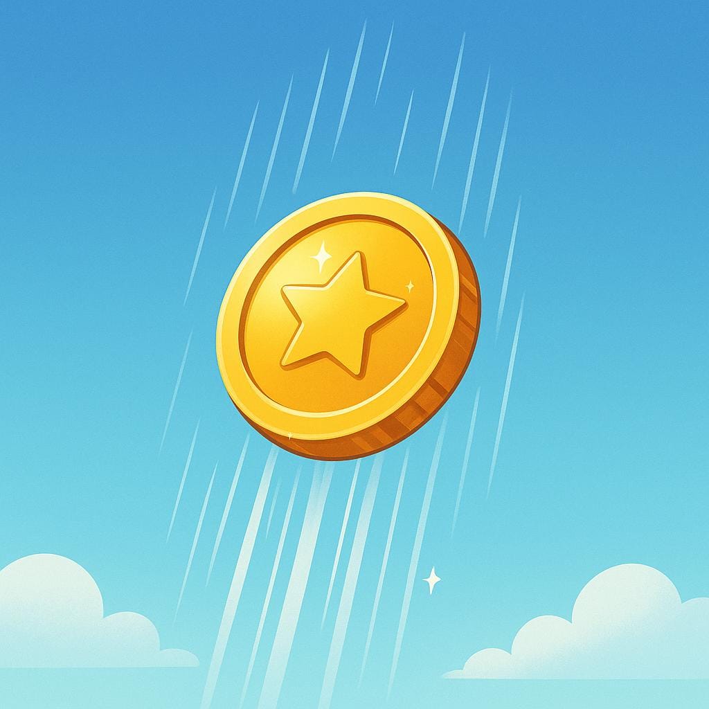 A shiny golden coin rapidly shooting straight up into the sky, illustrating a sudden and large increase.