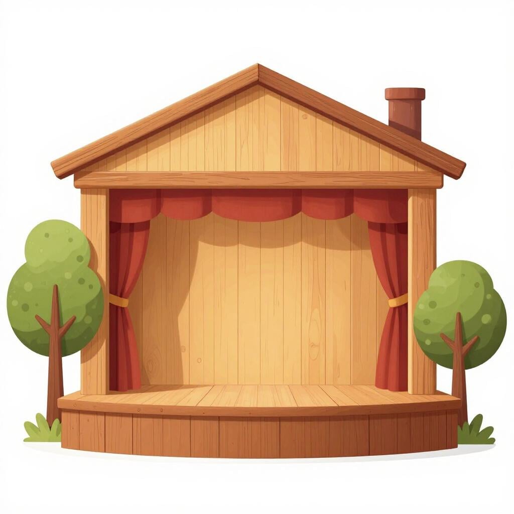 Une scène de théâtre avec un décor de maison en bois et deux arbres peints sur les côtés.