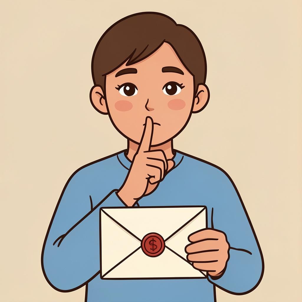 Une personne portant un doigt à ses lèvres dans un geste de silence, debout à côté d'une enveloppe scellée.