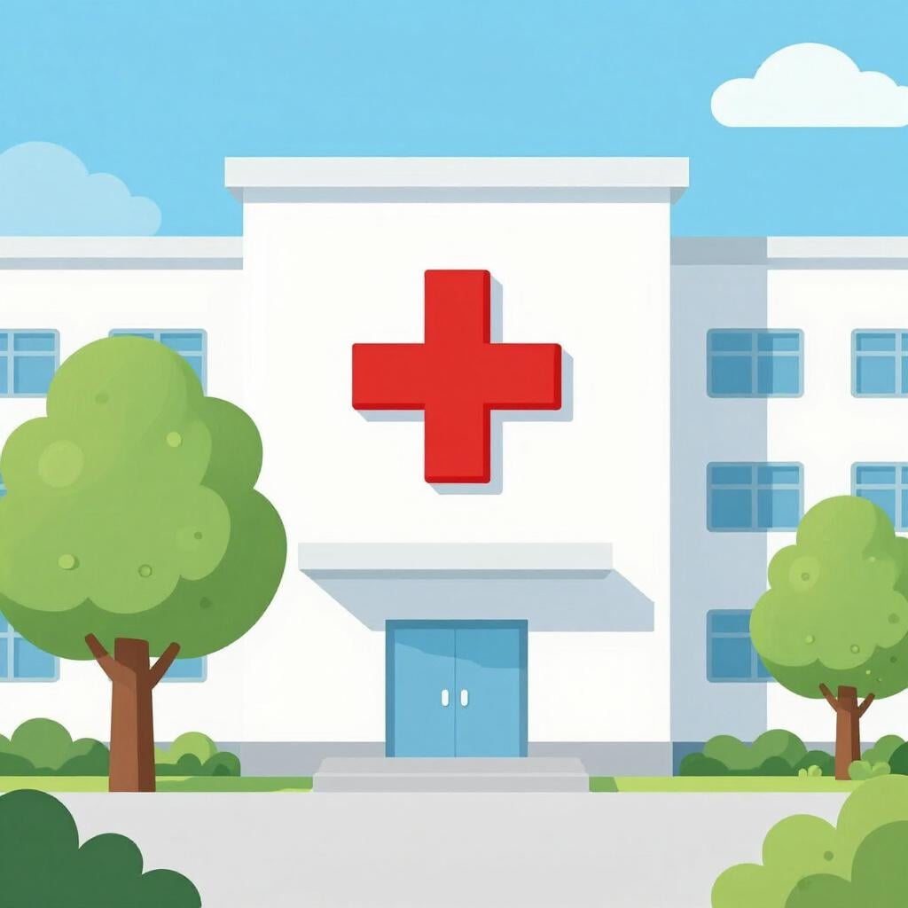 Een schoon, modern medisch gebouw met een rood kruis symbool aan de voorkant en een wachtruimte binnen.