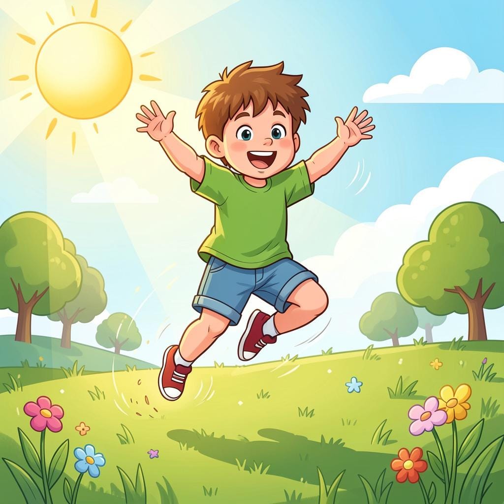 A happy child jumping high in the air with arms outstretched in a bright, sunny meadow.