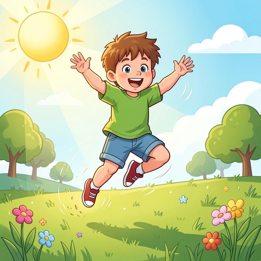 A happy child jumping high in the air with arms outstretched in a bright, sunny meadow.
