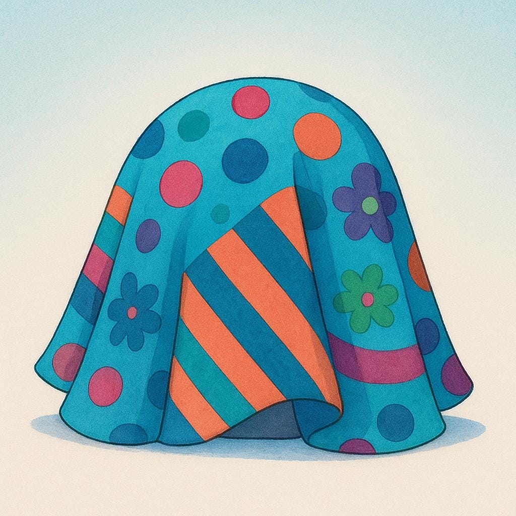 A simple illustration showing a small, gray object (representing truth or facts) completely hidden and obscured beneath a large, brightly colored, decorative cloth.