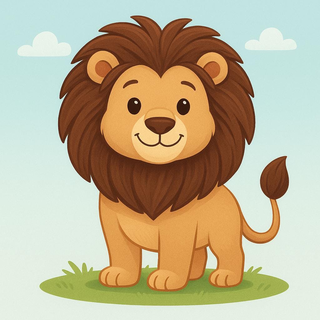 A friendly male lion with a large brown mane standing calmly on a patch of green grass in a savanna setting.