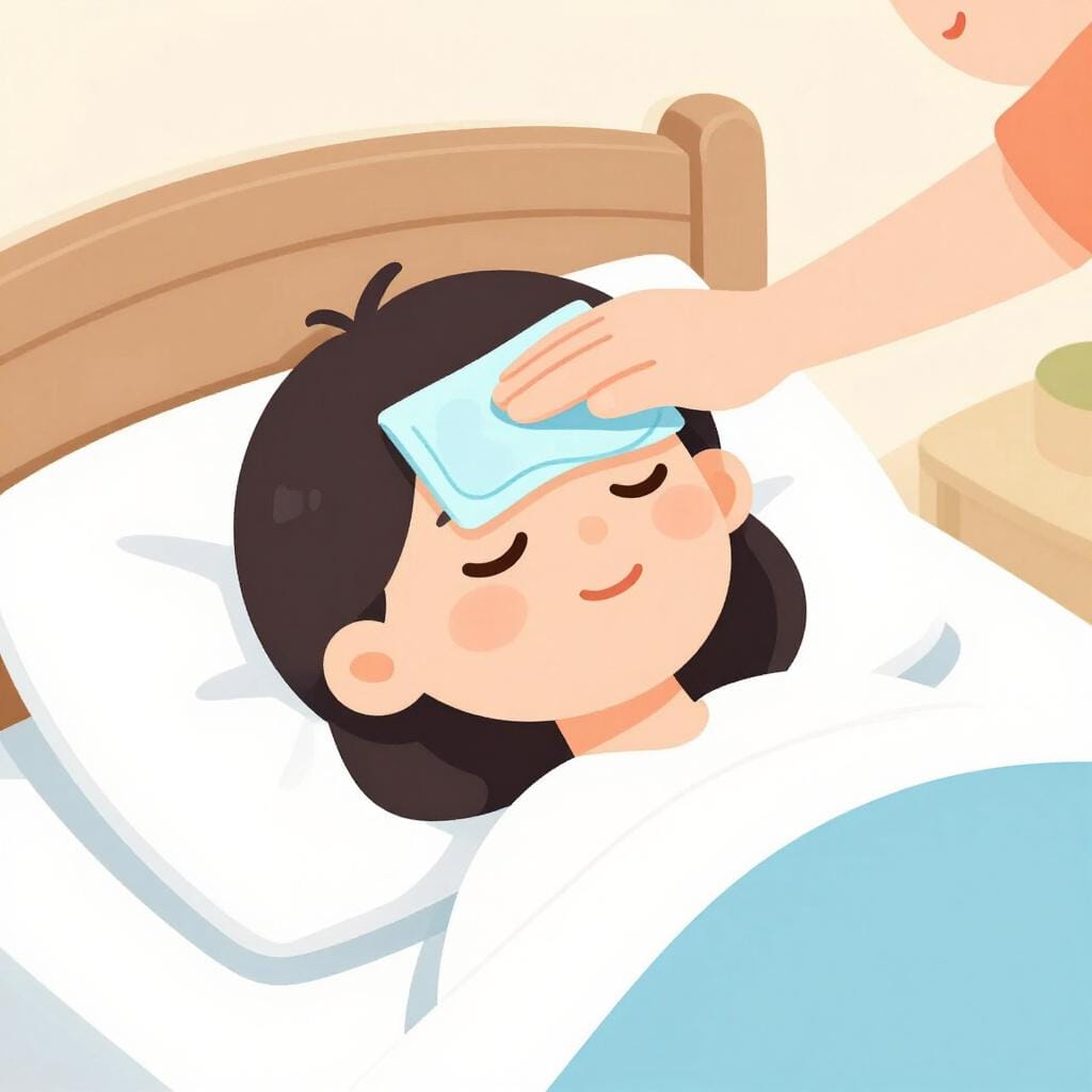 A person placing a cool, damp cloth on the forehead of another person resting in bed.