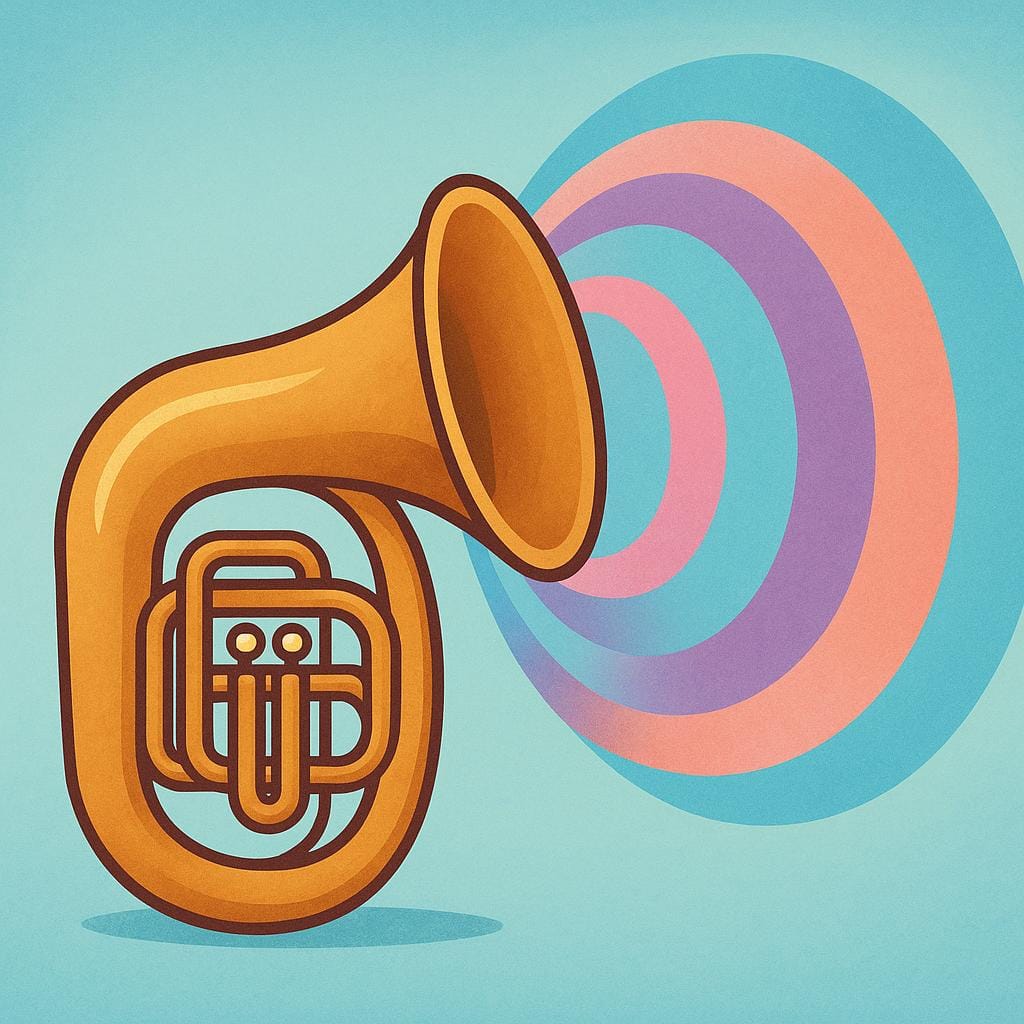 A storybook illustration of a large brass tuba instrument emitting wide, slow, visible sound waves, representing a low-pitched sound.