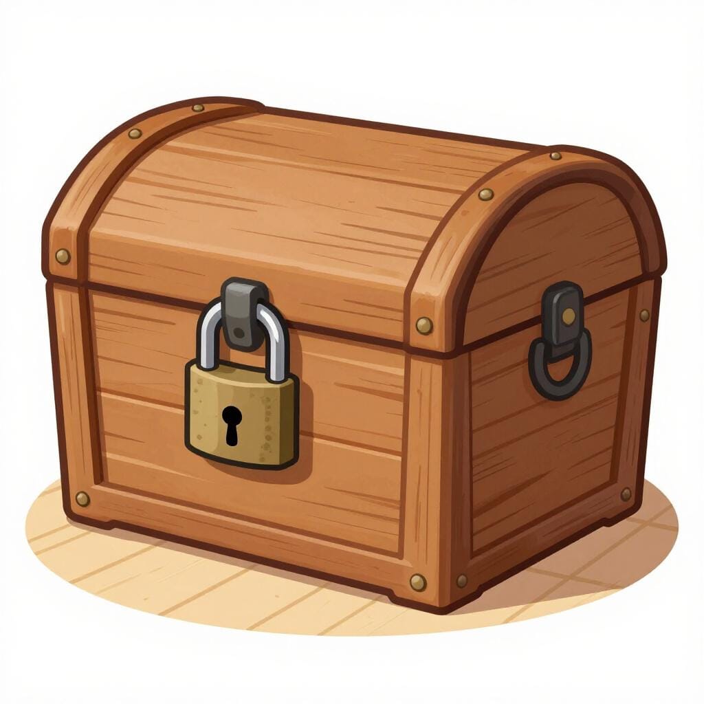 Uma ilustração colorida de um baú de madeira fechado com um cadeado de metal pesado, representando informações ocultas.