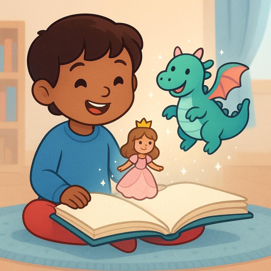 A child sitting and reading a book, with small, imaginary story characters floating out of the open pages.