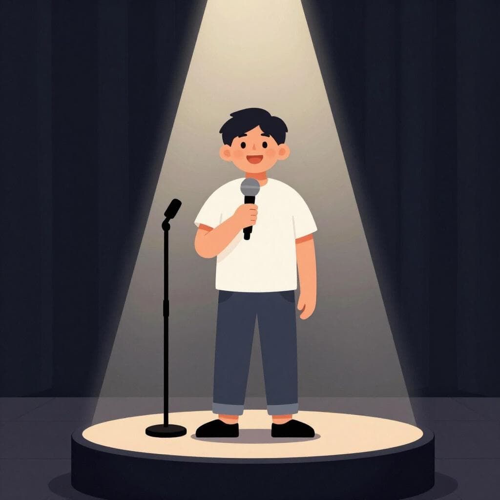 Uma pessoa alegre em pé num pequeno palco com um microfone, com os braços abertos enquanto ri.