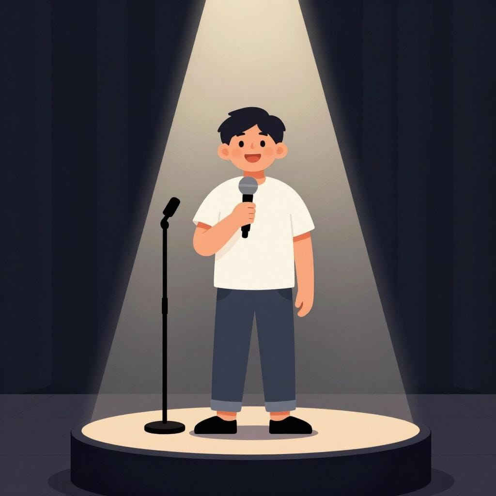 Een vrolijk persoon die op een klein podium staat met een microfoon, met de armen gespreid terwijl hij lacht.