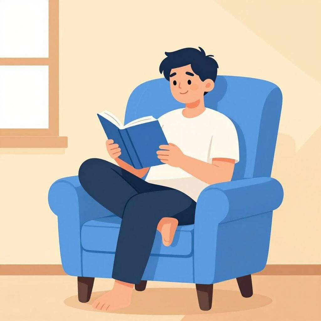 アームチェアに座って本を読みながら微笑んでいる人。