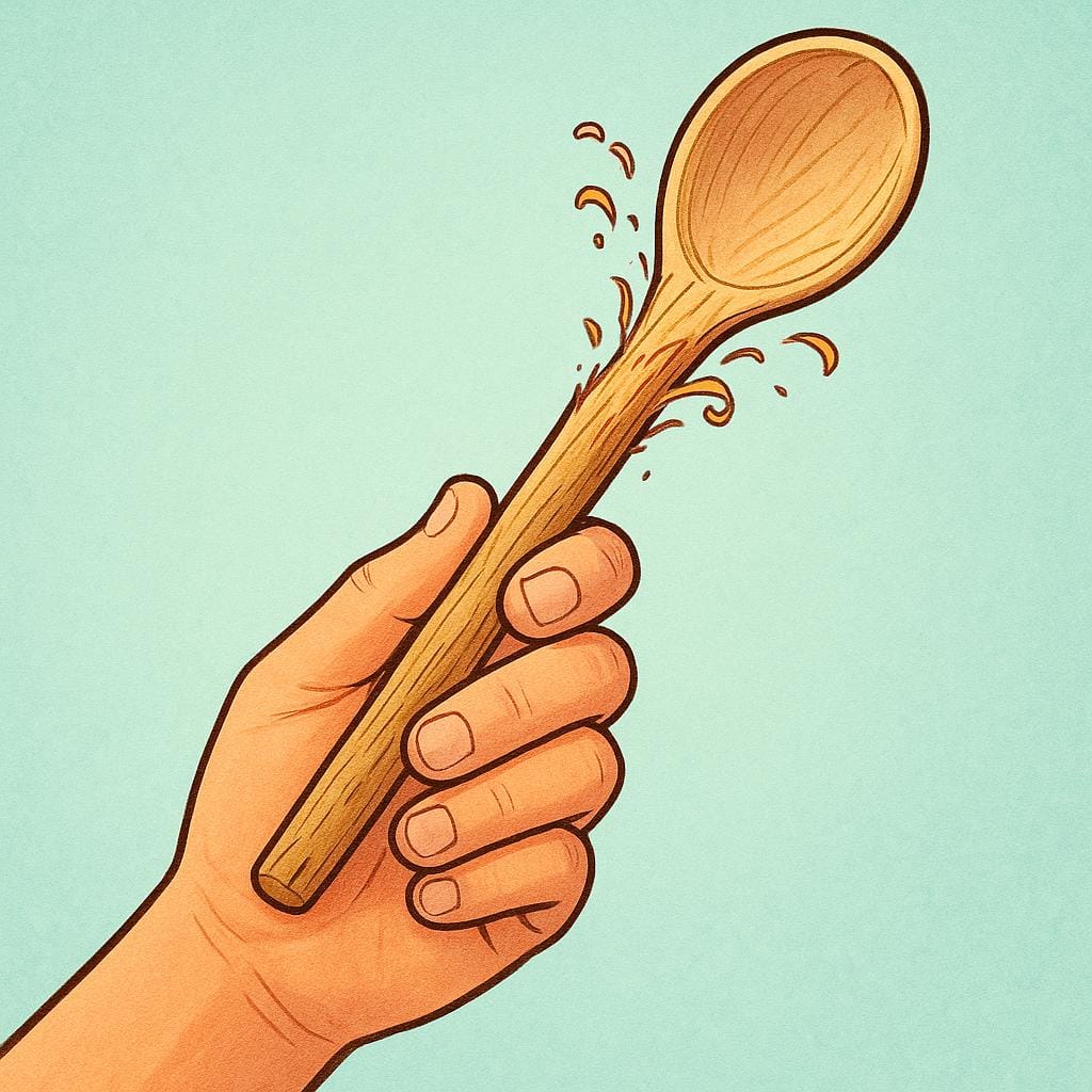 Uma única mão segura um bastão de madeira simples, e a ponta do bastão está ativamente mudando de forma, convertendo-se na cabeça de uma colher de pau simples.