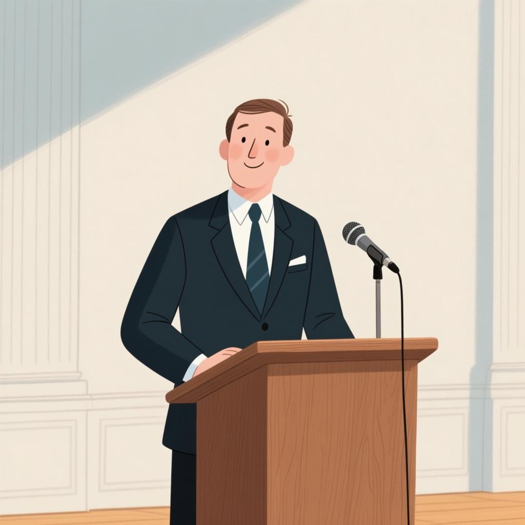 A formally dressed person standing behind a wooden podium, giving a speech to represent a leader or president.