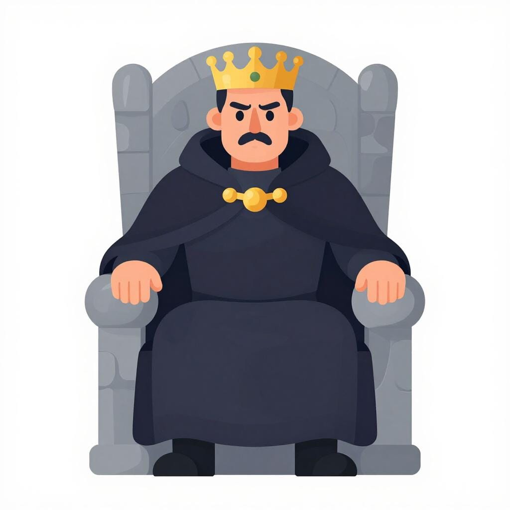 Un re severo con un'espressione fredda seduto su un pesante trono di pietra, che indossa un mantello scuro e una corona affilata.