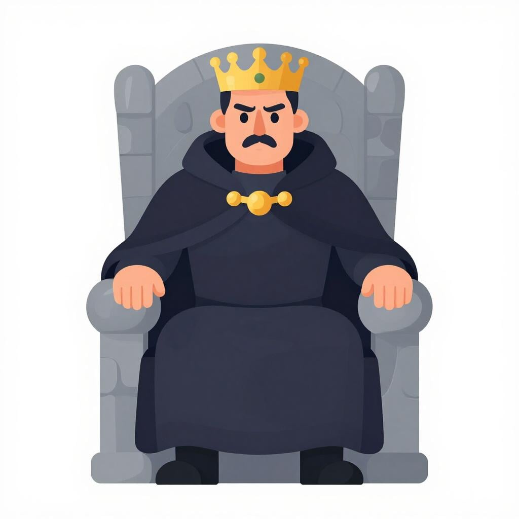 Un roi sévère à l'expression froide, assis sur un lourd trône de pierre, portant une cape sombre et une couronne pointue.