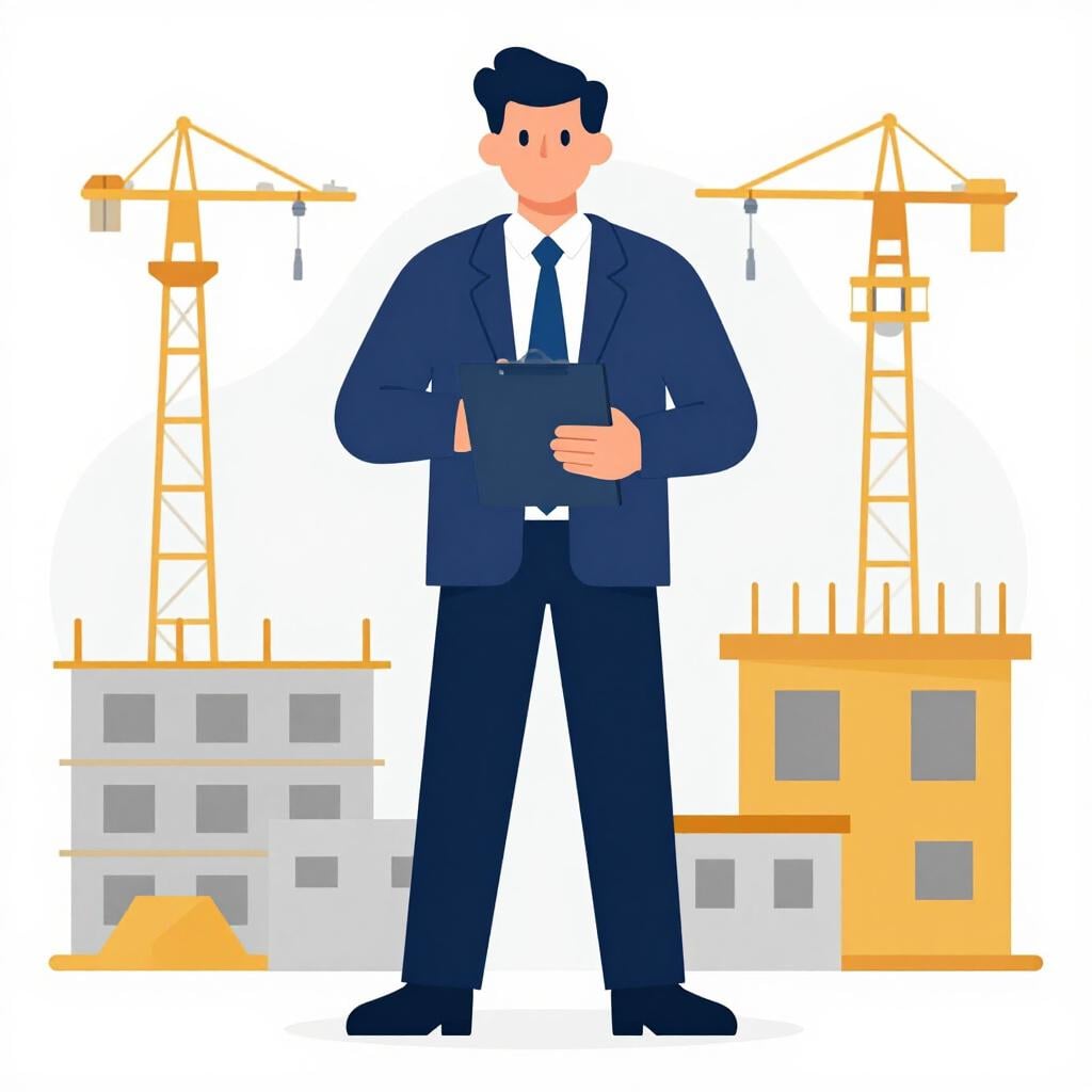 Una persona sicura di sé in un completo formale che tiene una lavagna, in piedi davanti a un grande e pulito cantiere.