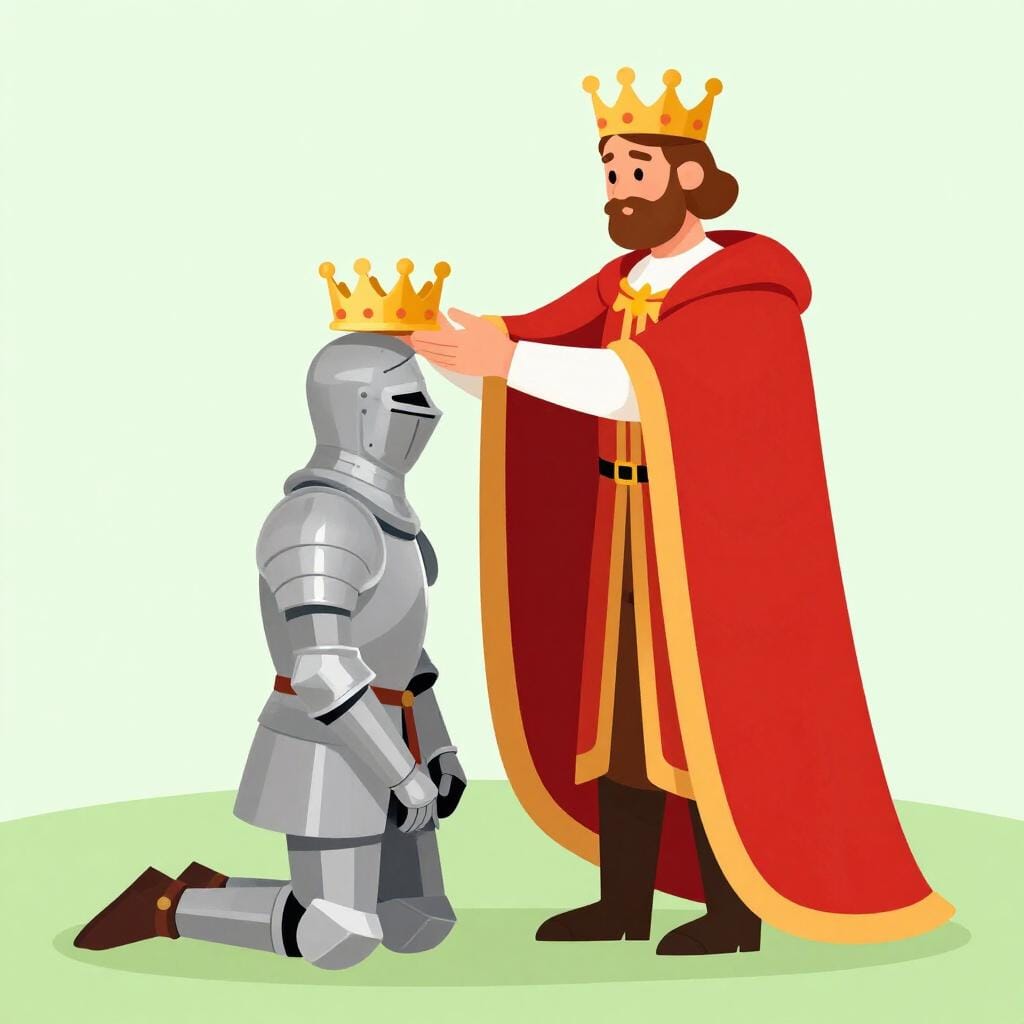 Un roi plaçant une couronne dorée sur la tête d'un chevalier.
