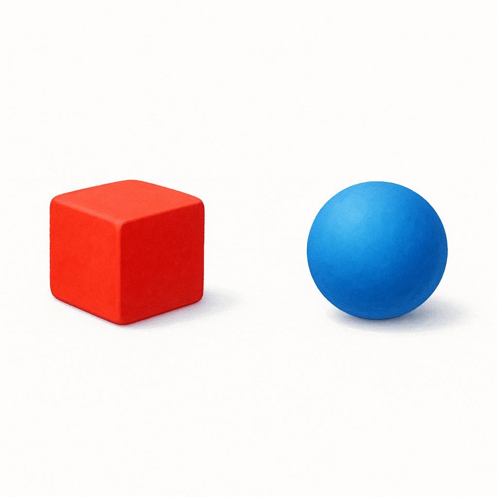 A red cube and a blue sphere sitting far apart on a simple white ground, illustrating physical distance.