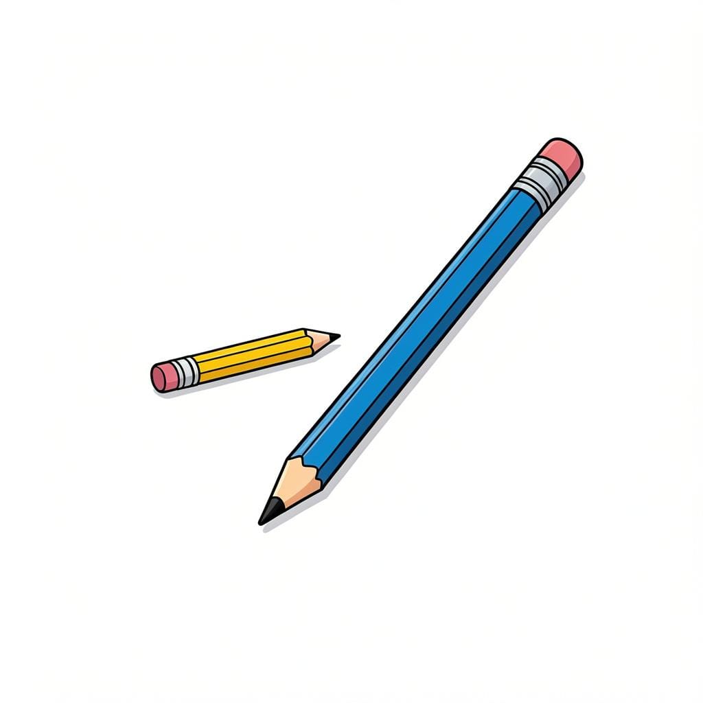 A very short yellow pencil sitting next to a very long blue pencil to show the difference in length.