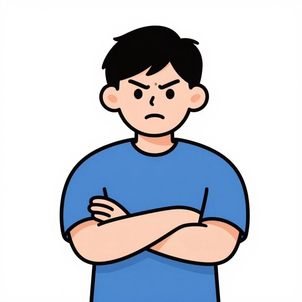 A person standing with crossed arms and a firm expression, shaking their head to argue against a plan shown as a simple drawing on a board.