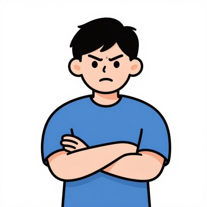 A person standing with crossed arms and a firm expression, shaking their head to argue against a plan shown as a simple drawing on a board.