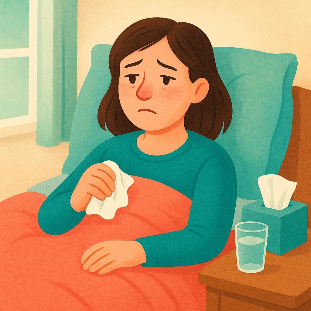 Een jonge vrouw ligt in bed onder een heldere deken, ziet er bleek en ongemakkelijk uit, wat aangeeft dat ze ziek is.