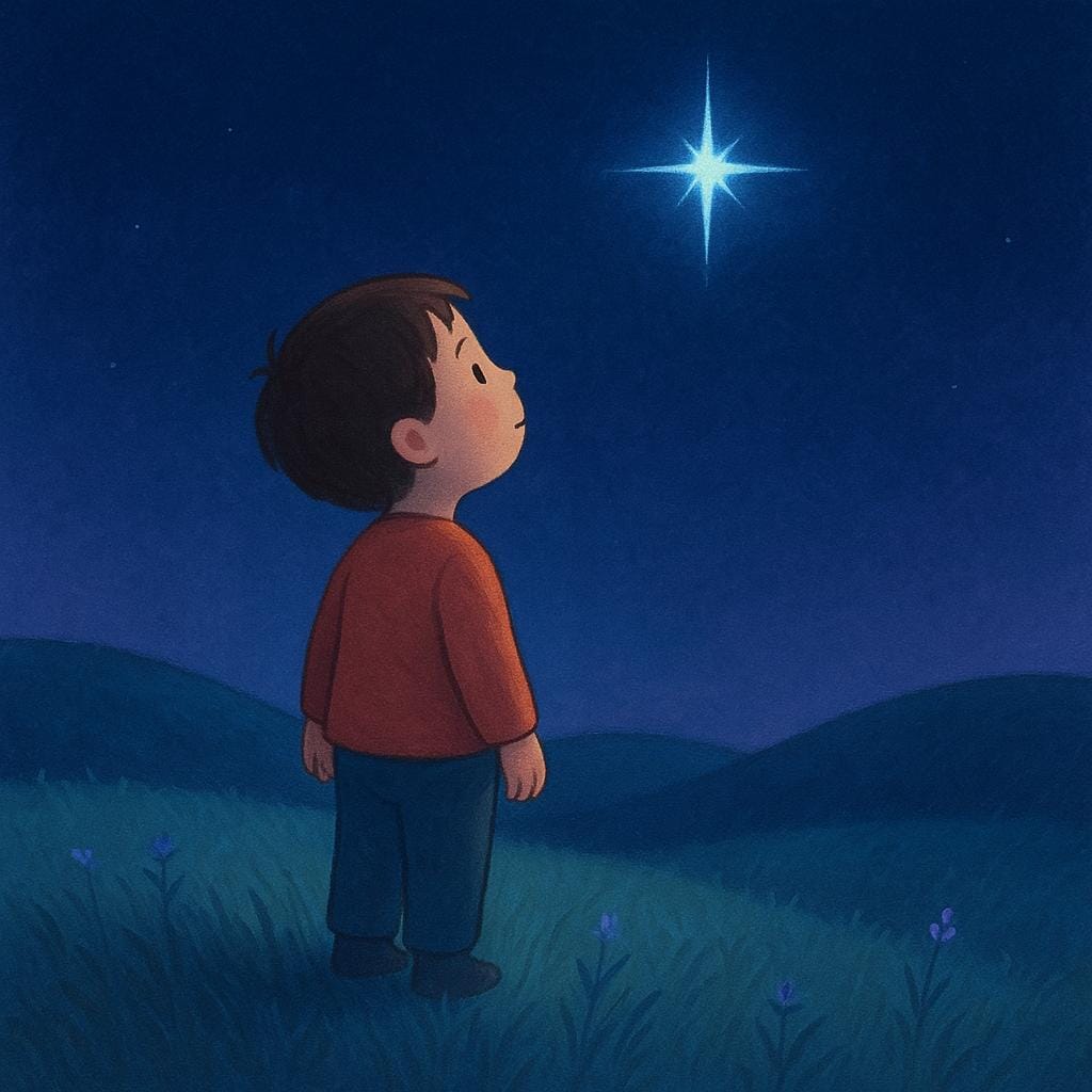 A young child standing outside at night, looking up toward a single bright star with an expression of longing, symbolizing making a wish.