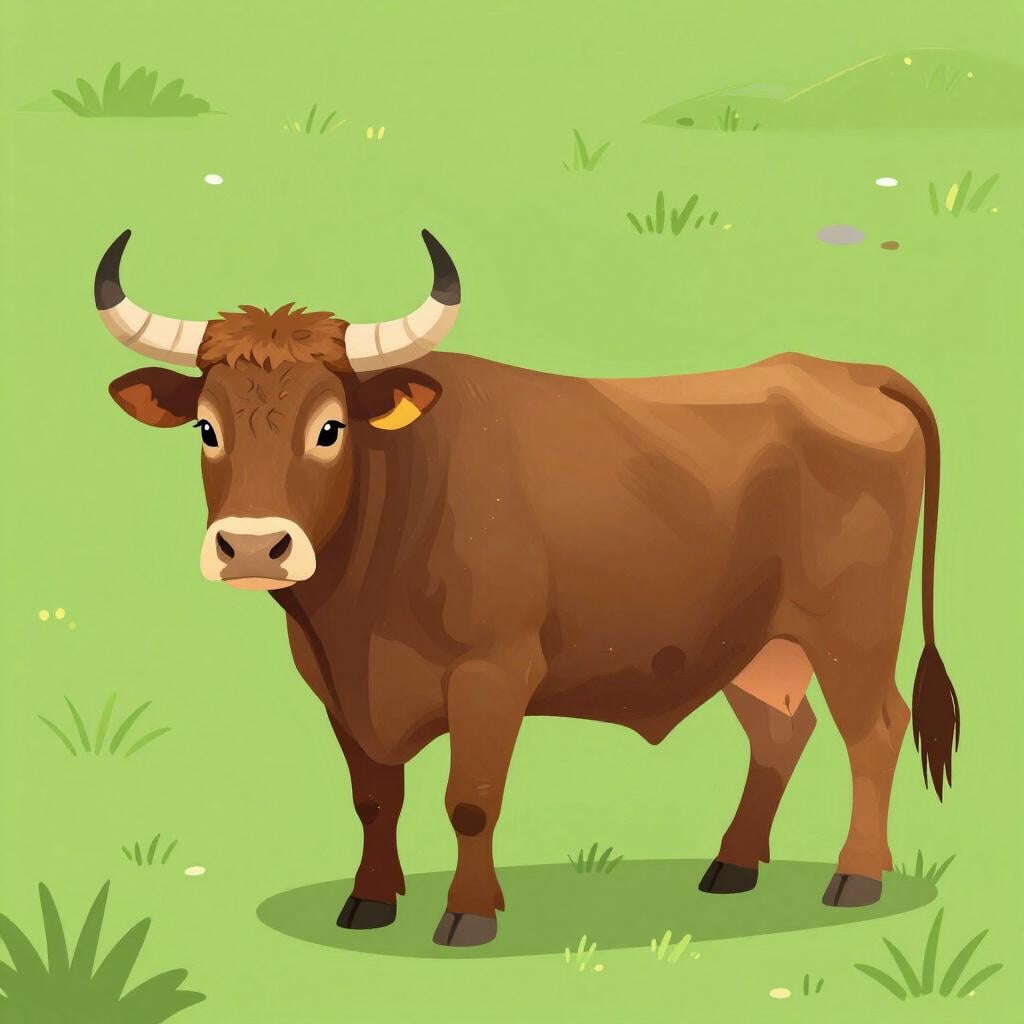 A strong, brown ox with large horns standing in a green field.