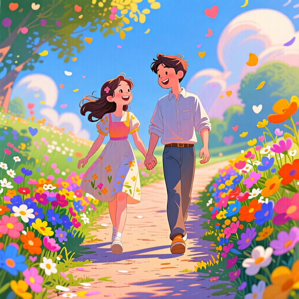 A young couple walking hand-in-hand in a park under a blooming tree.