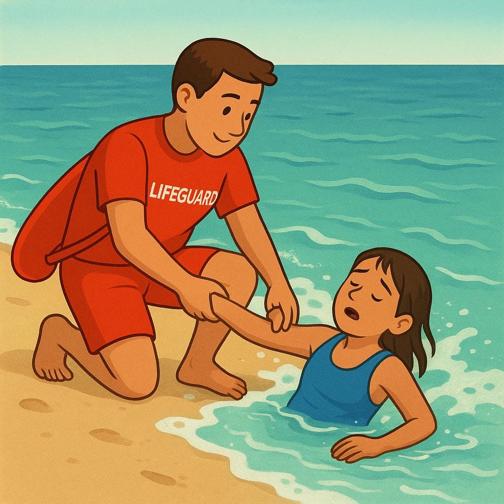 A colorful illustration of a lifeguard pulling a distressed swimmer to safety on a sandy beach.
