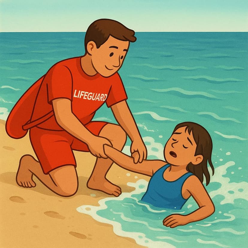 Eine farbenfrohe Illustration eines Rettungsschwimmers, der einen in Not geratenen Schwimmer an einem Sandstrand in Sicherheit zieht.