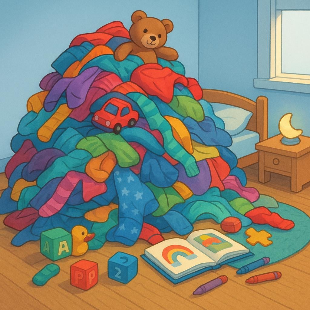 A large pile of clothes, books, and toys haphazardly dumped on a wooden floor, illustrating extreme physical clutter and disorganization.