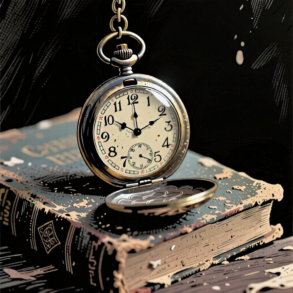 An old-fashioned pocket watch resting on a stack of books, symbolizing the passage of time.