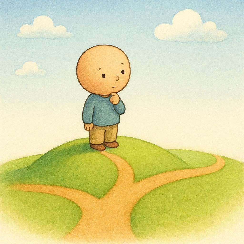 A small, simple storybook character standing on a tiny hill, thoughtfully observing a path that splits into three distinct directions, symbolizing a complex set of circumstances.