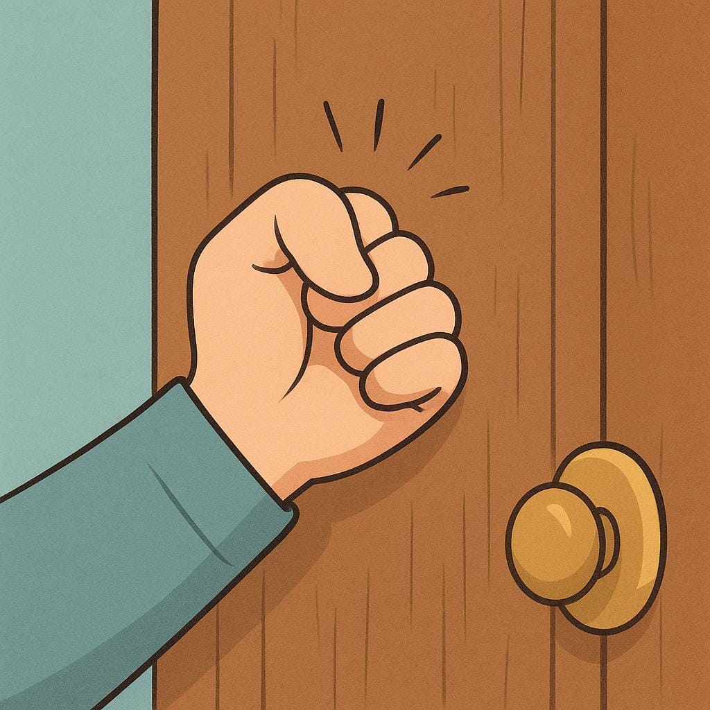 A simple cartoon hand making contact with a brown wooden door, indicating knocking.