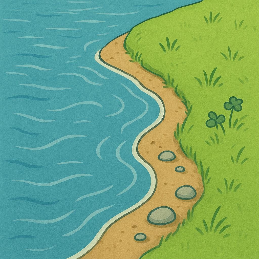 Een duidelijk beeld van een begroeide rivieroever die langs een waterlichaam kromt.