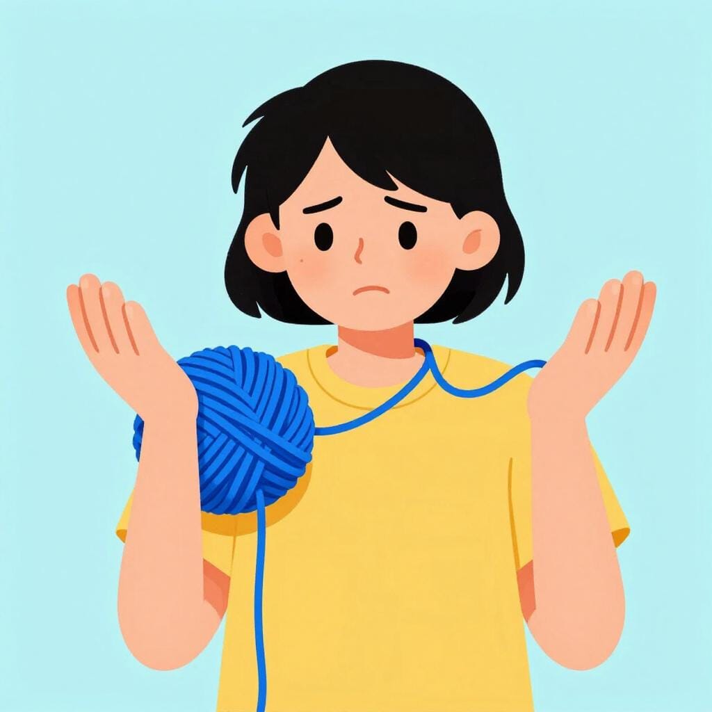 A person looking at a tangled ball of yarn with a frustrated expression.