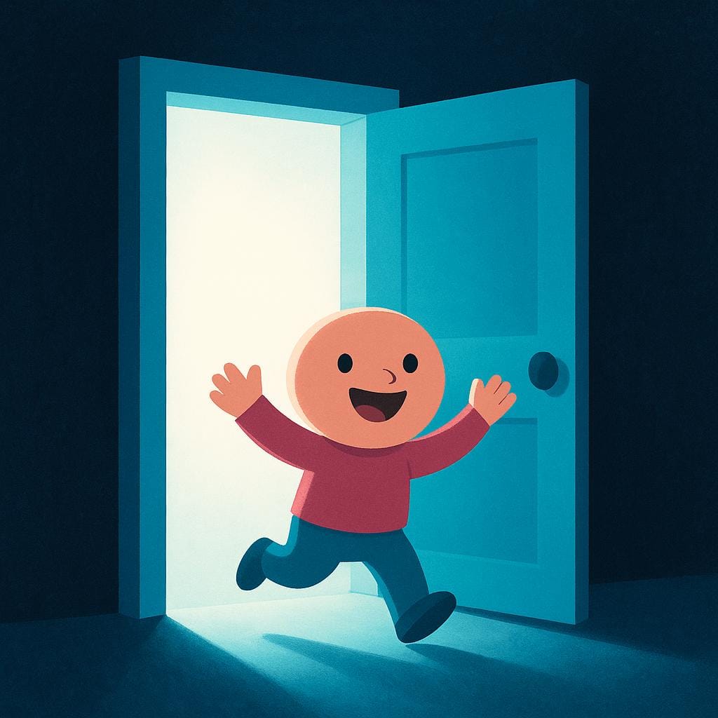 A small, cheerful person standing in a dark hallway, looking excitedly at a large, brightly illuminated open doorway leading to a sunny, inviting landscape.