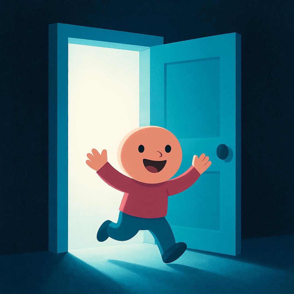 A small, cheerful person standing in a dark hallway, looking excitedly at a large, brightly illuminated open doorway leading to a sunny, inviting landscape.